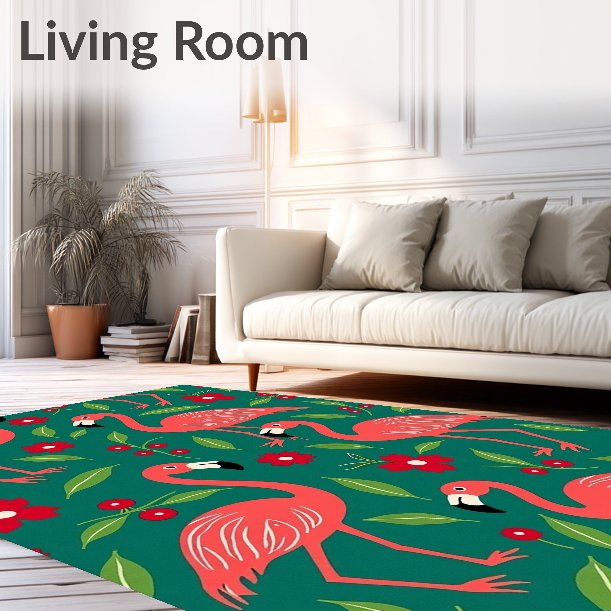 Coral Flamingos and Red Flowers Rug