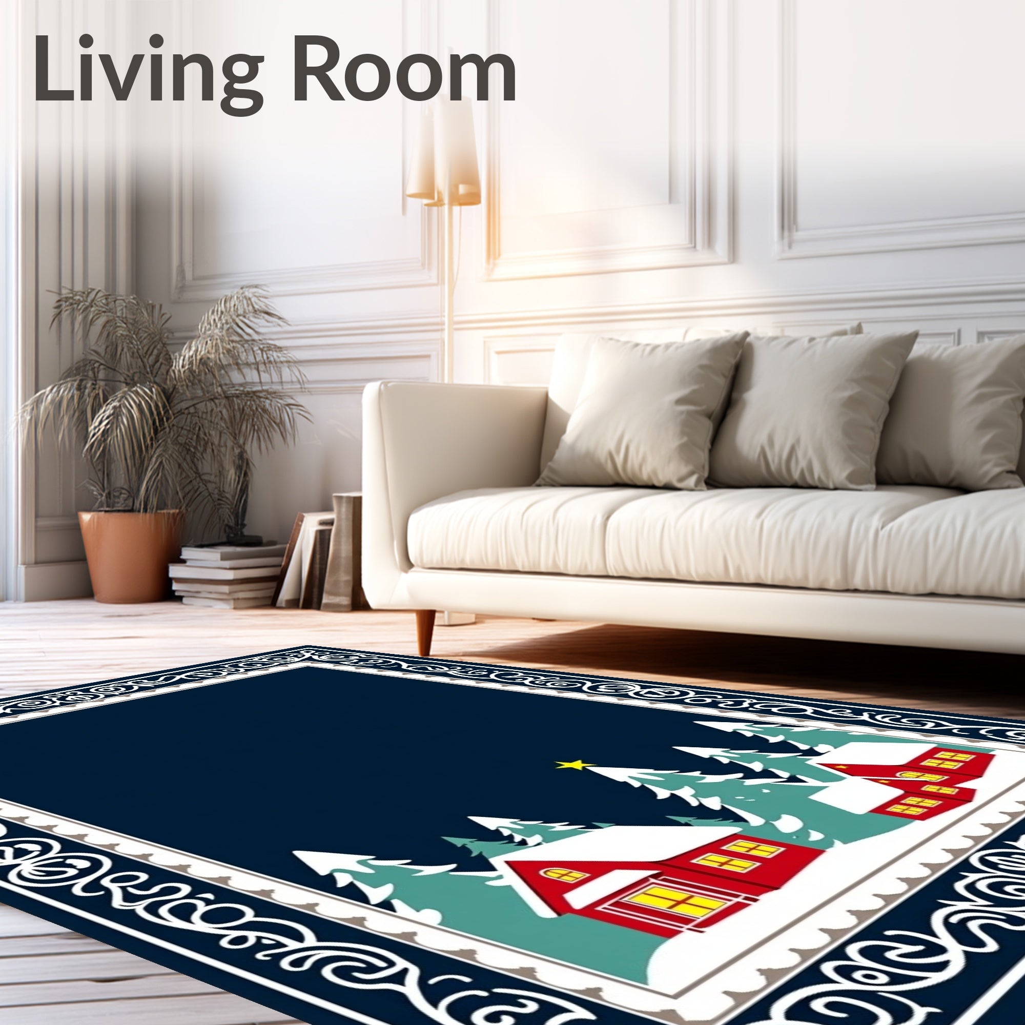 Festive Red Houses Winter Woods Border Rug