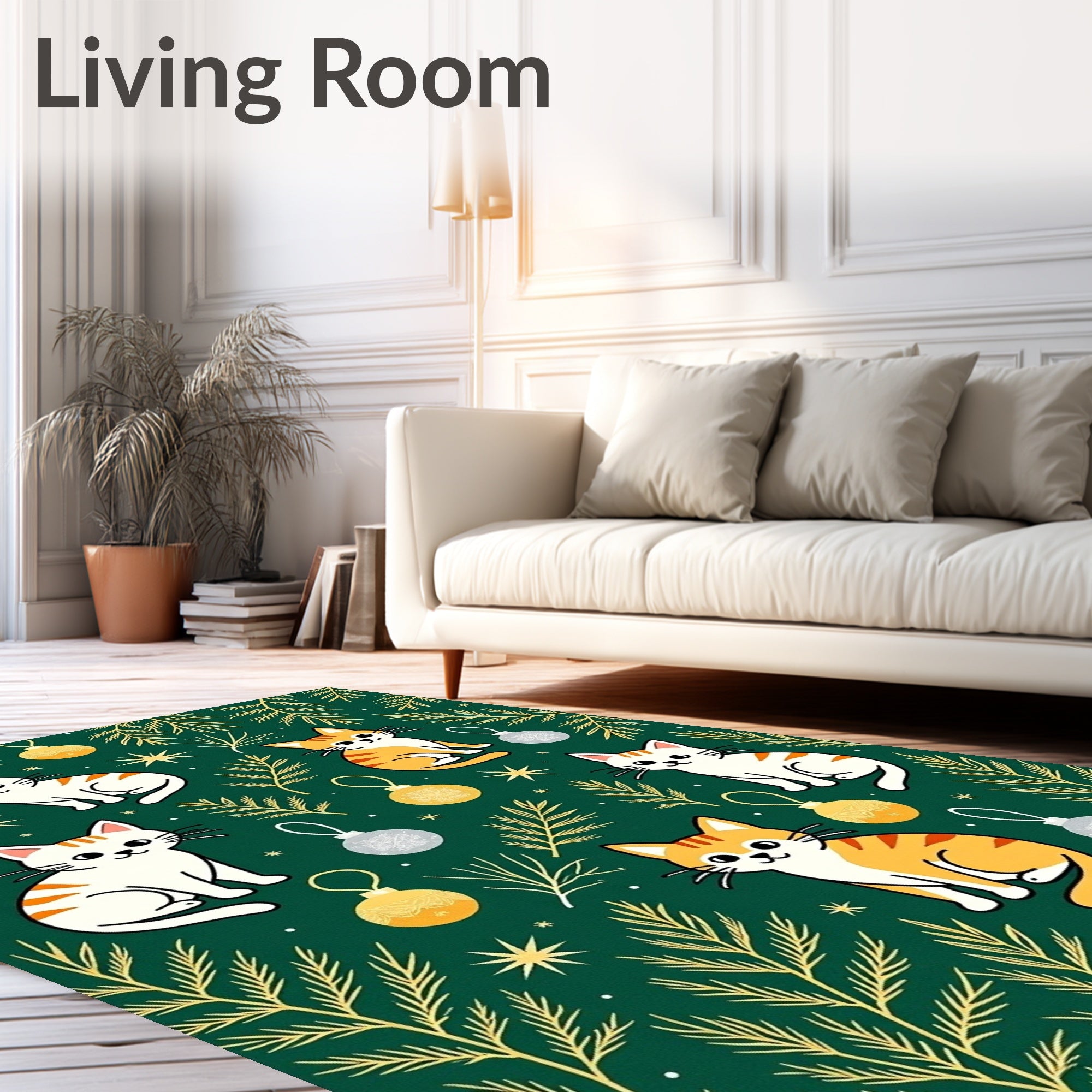 Green Whimsical Cat Christmas Ornament Rug
