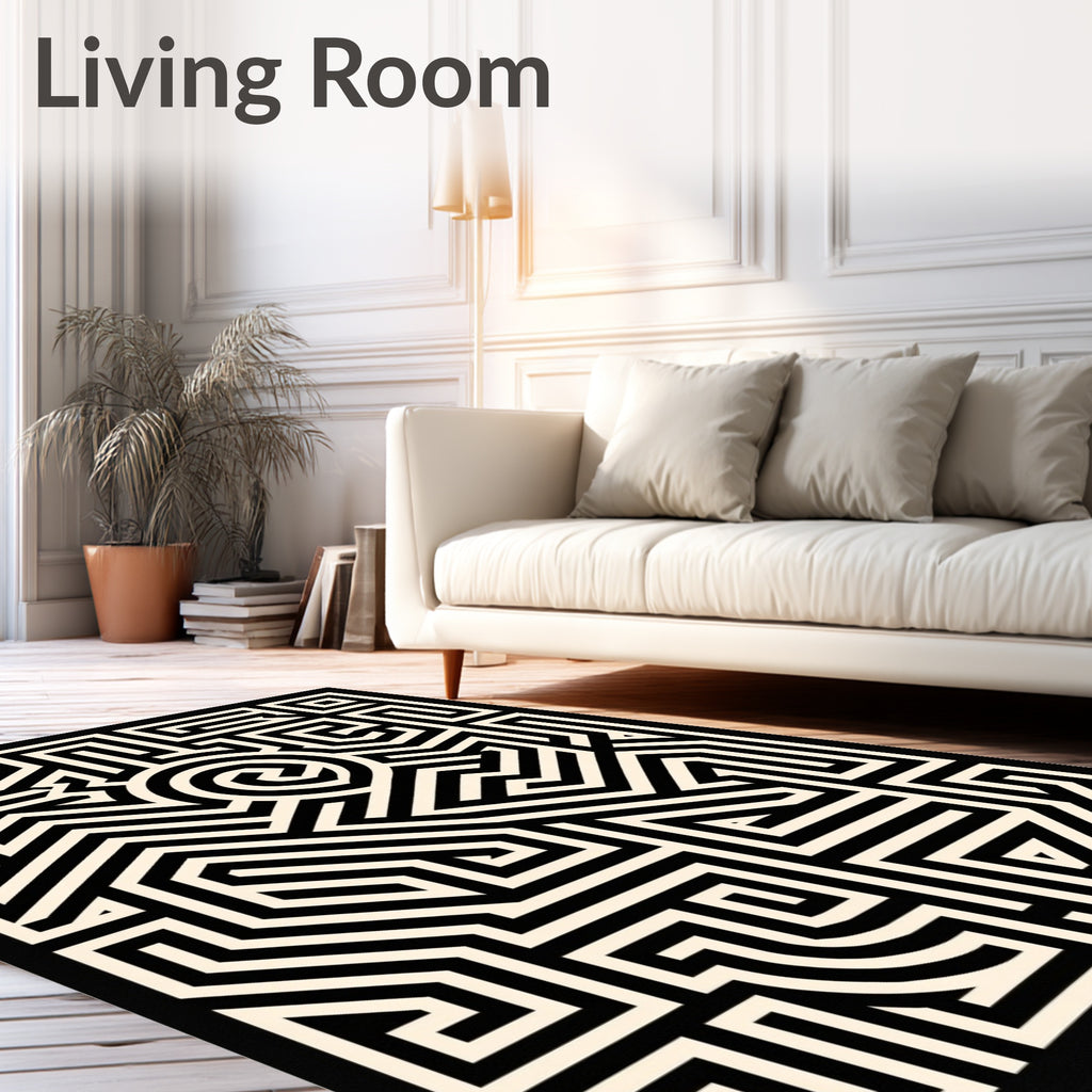 Black Cream Geometric Maze Op Art Rug