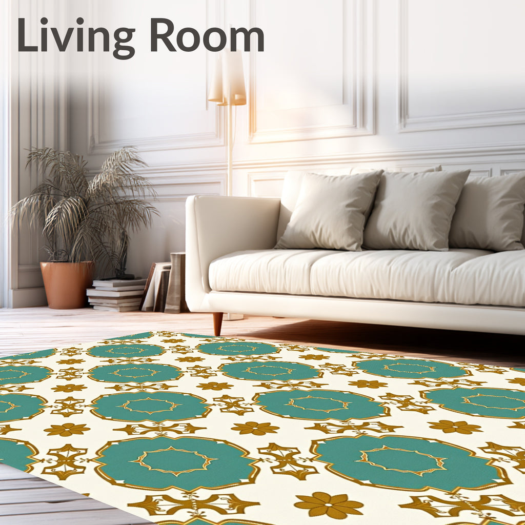 Teal Gold Floral Quatrefoil Medallion Rug