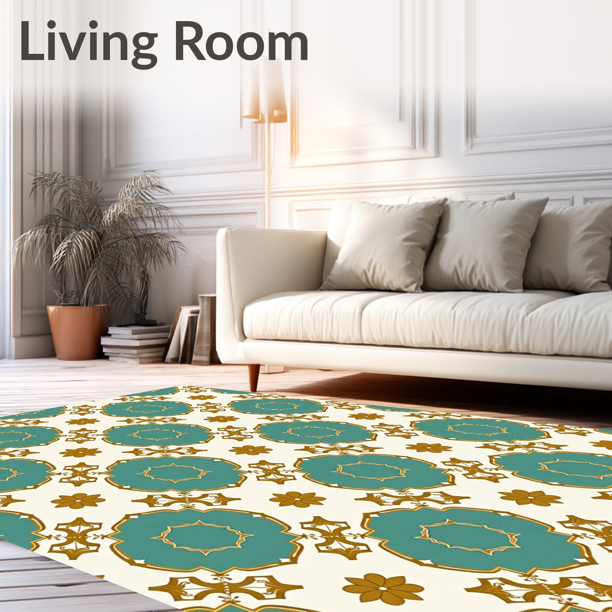 Teal Gold Floral Quatrefoil Medallion Rug