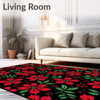 Bold Red Floral Garden Black Rug
