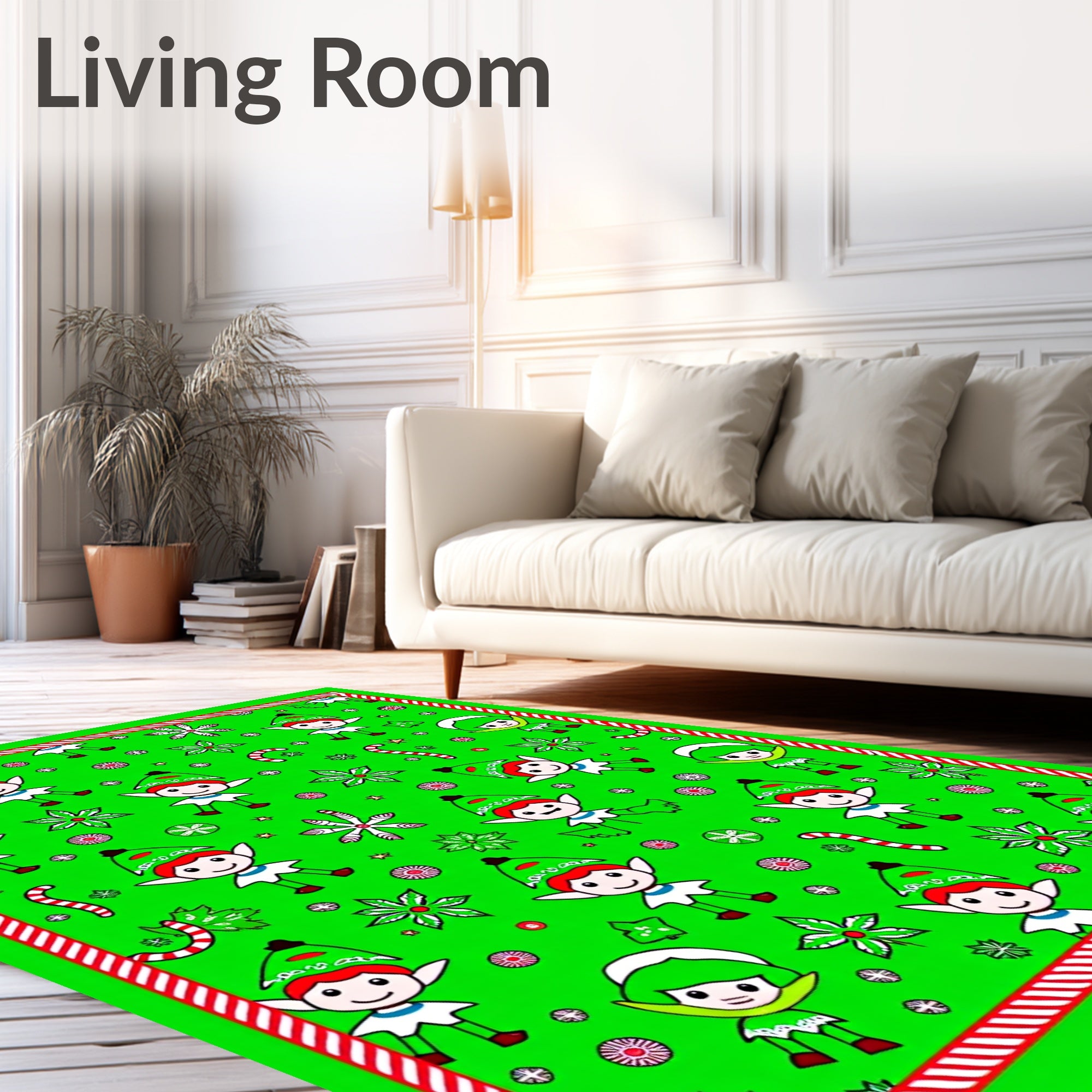 Festive Green Elf Candy Cane Christmas Rug