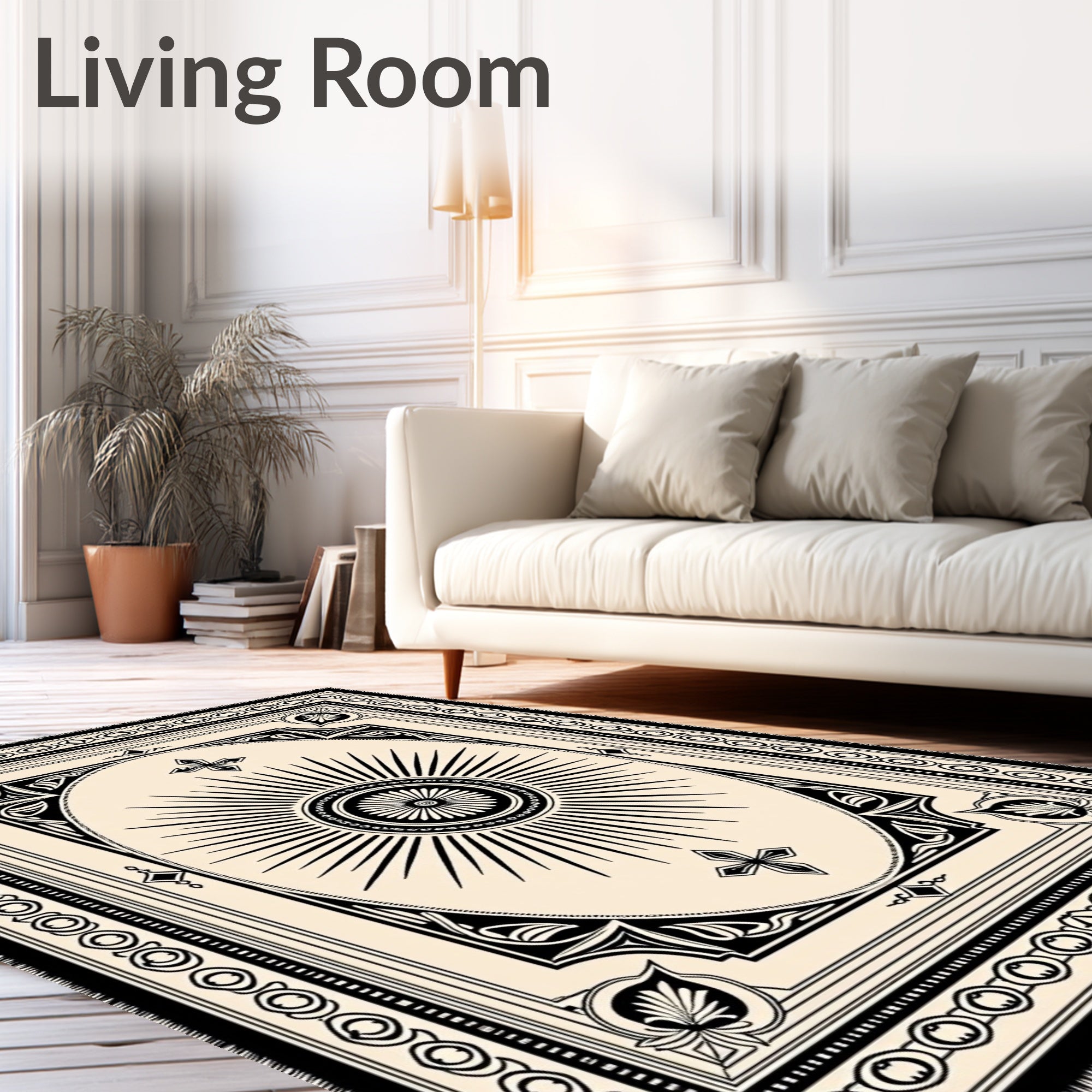 Ornate Cream Black Sunburst Medallion Rug