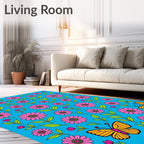 Whimsical Pink Flower Butterfly Garden Rug