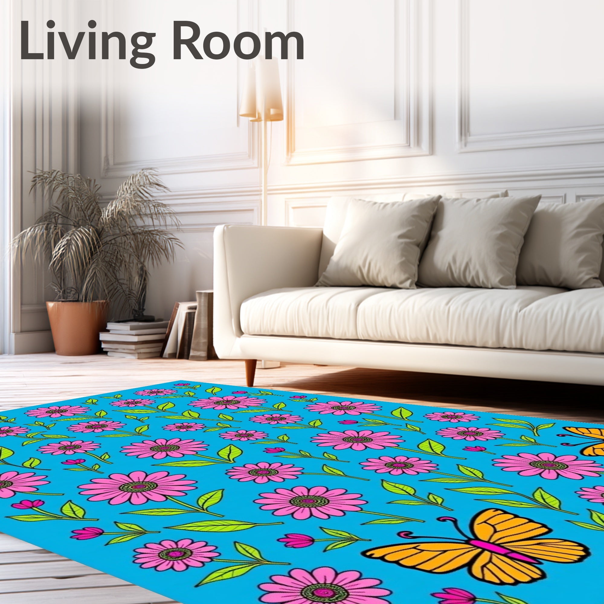 Whimsical Pink Flower Butterfly Garden Rug