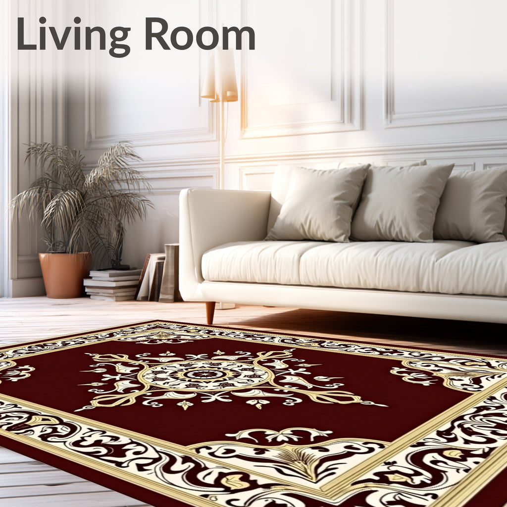 Burgundy Gold Medallion Scroll Frame Rug