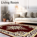 Burgundy Gold Medallion Scroll Frame Rug