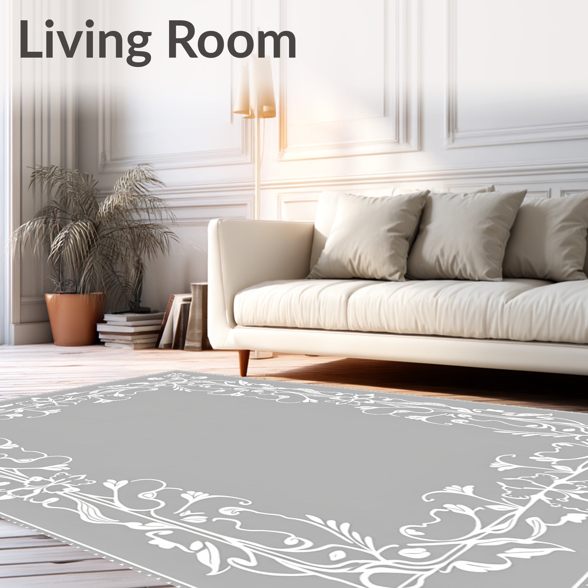White Art Nouveau Floral Scroll Border Rug