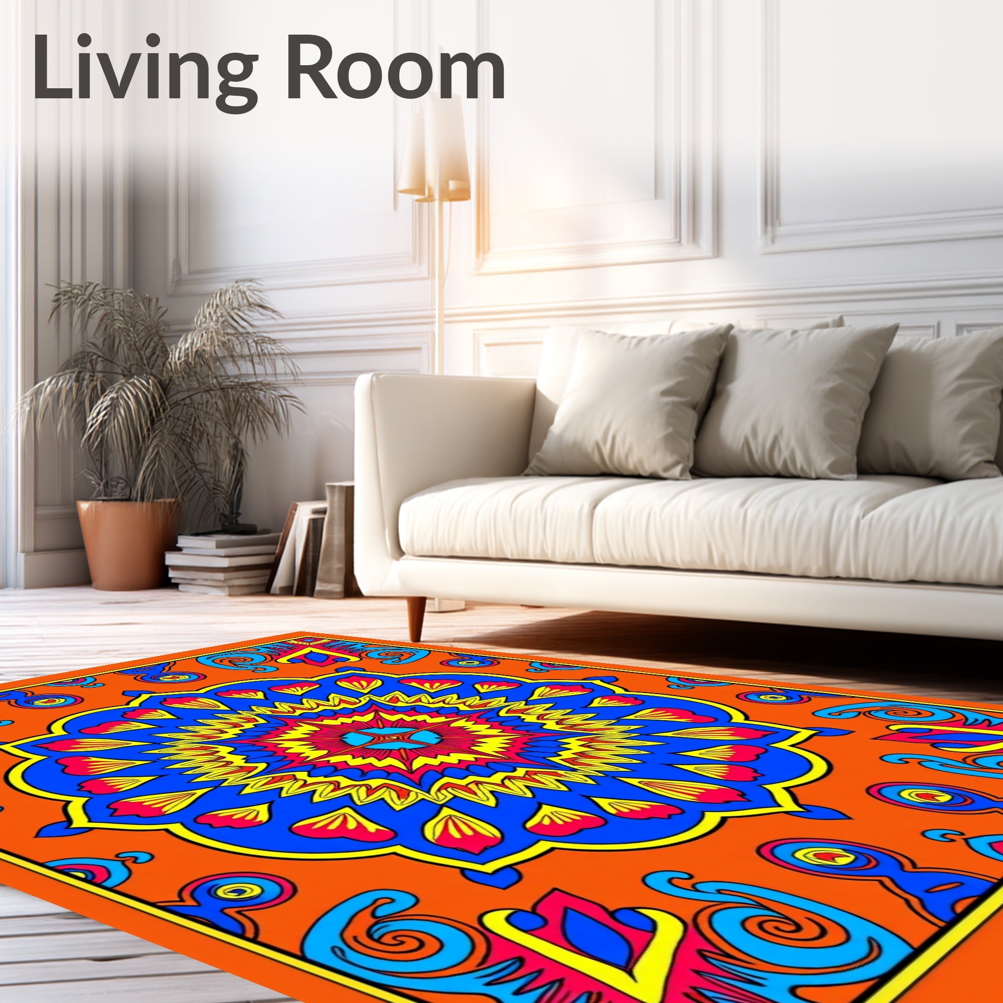 Vibrant Orange Sunburst Mandala Rug