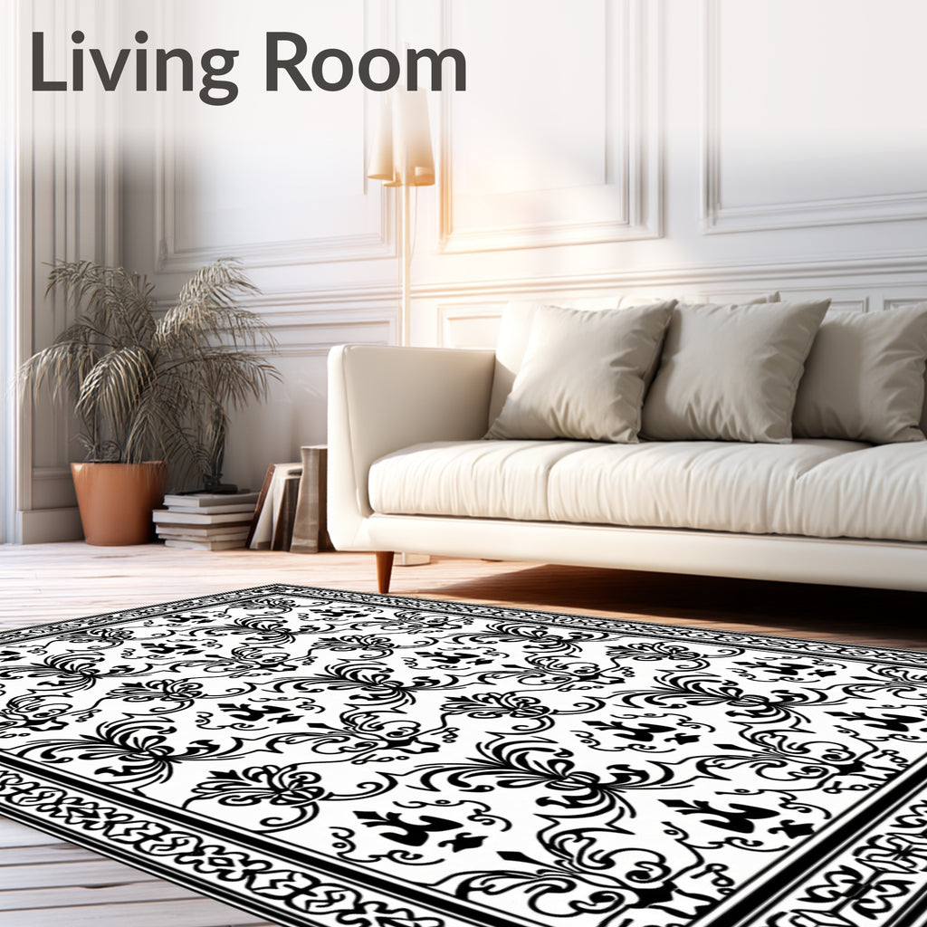 Classic Black and White Damask Scroll Rug