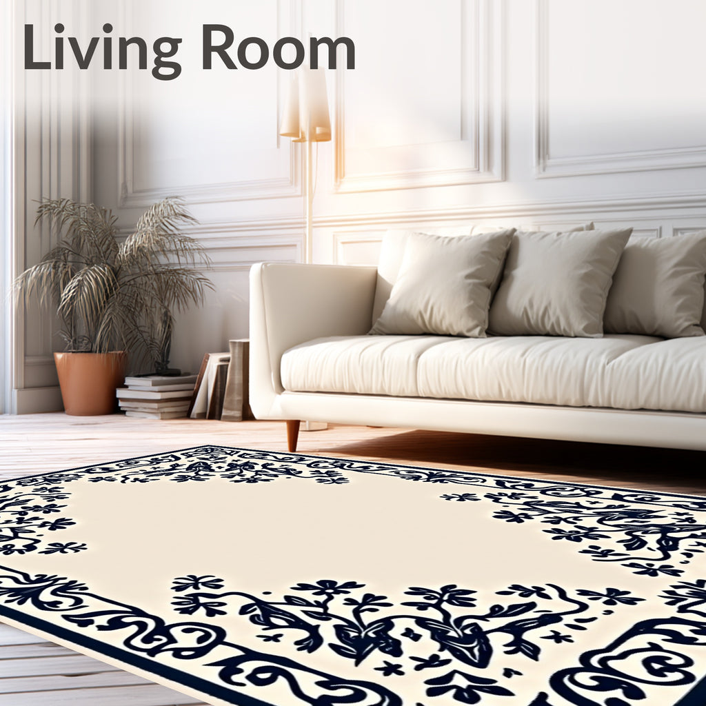 Cream Navy Floral Scroll Border Rug