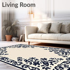 Cream Navy Floral Scroll Border Rug