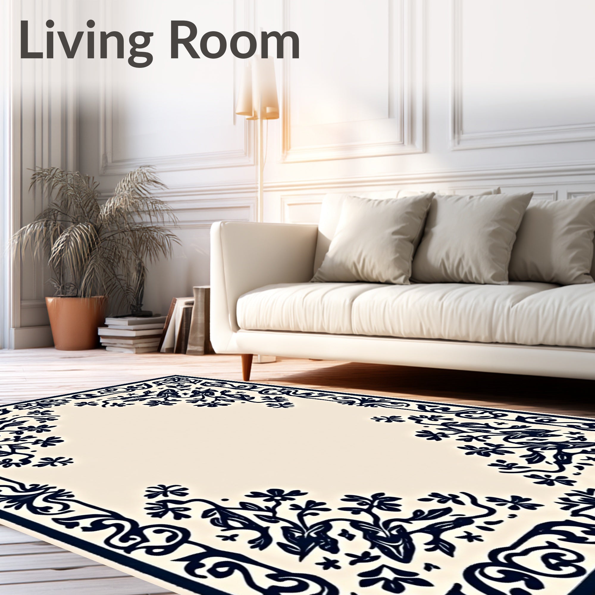 Cream Navy Floral Scroll Border Rug