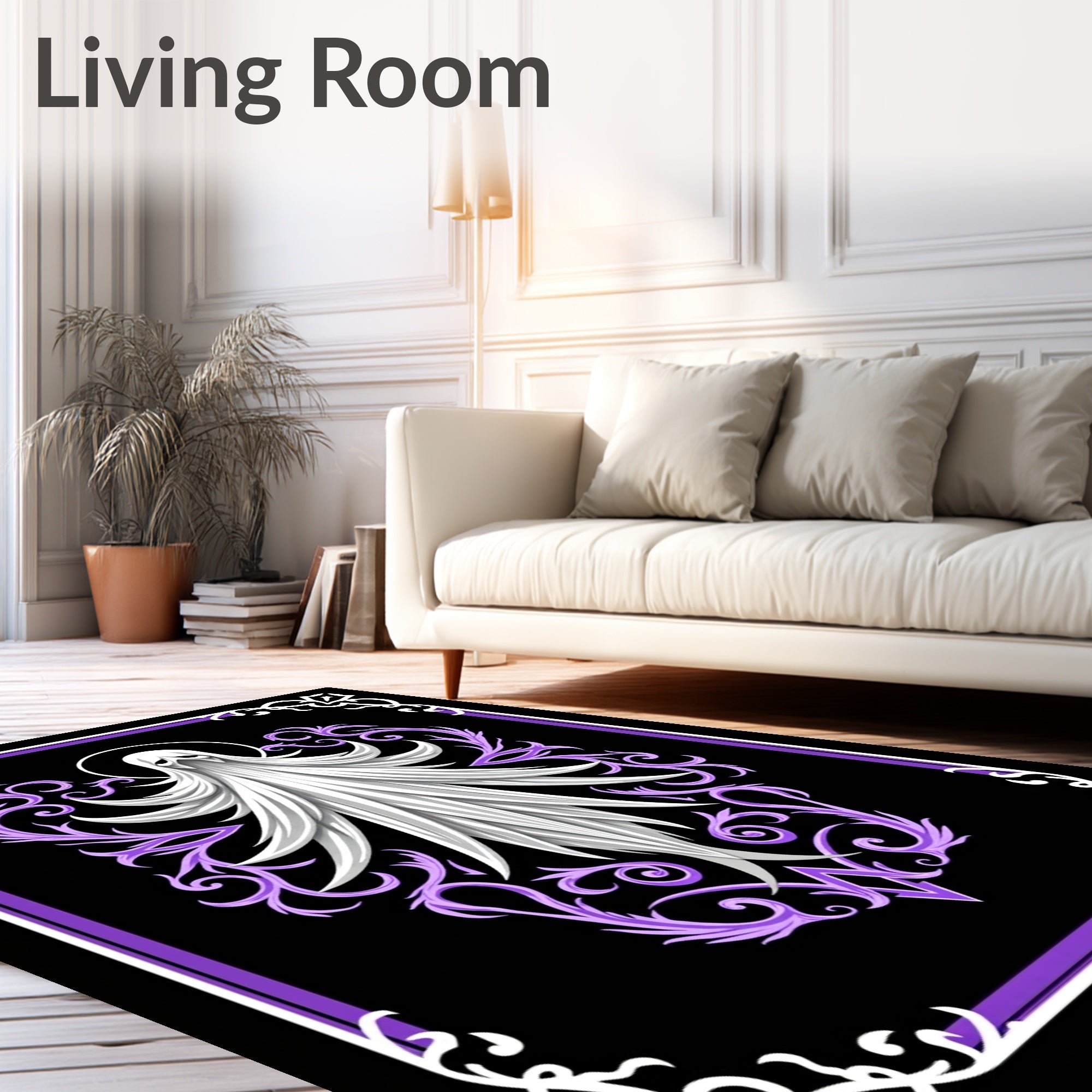 White Ghost Purple Floral Frame Rug