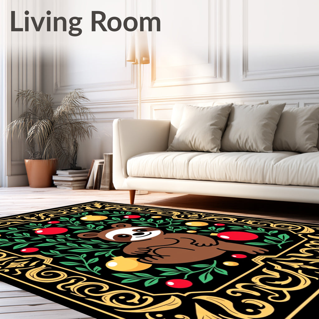 Whimsical Sloth Floral Red Yellow Round Rug