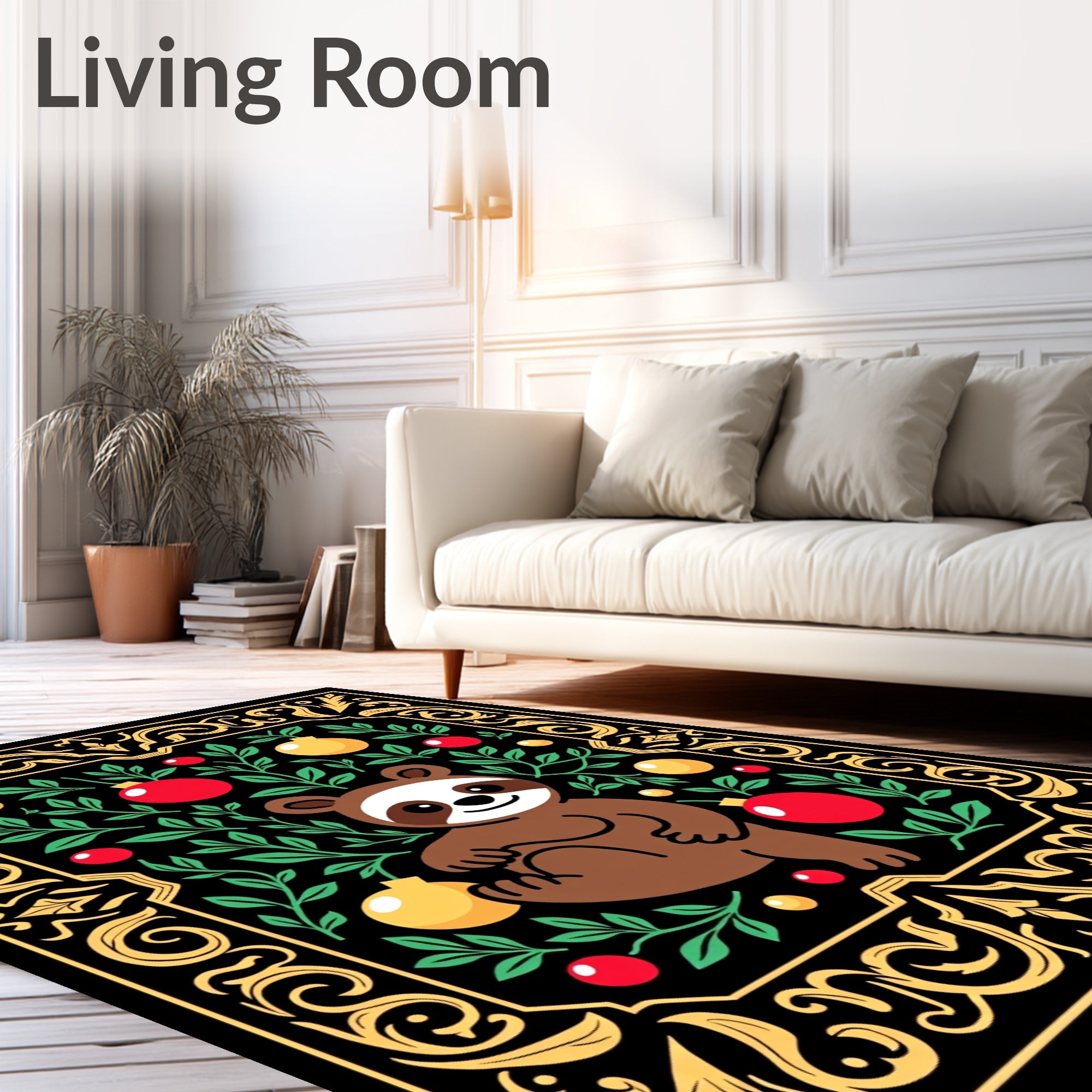 Whimsical Sloth Floral Red Yellow Round Rug