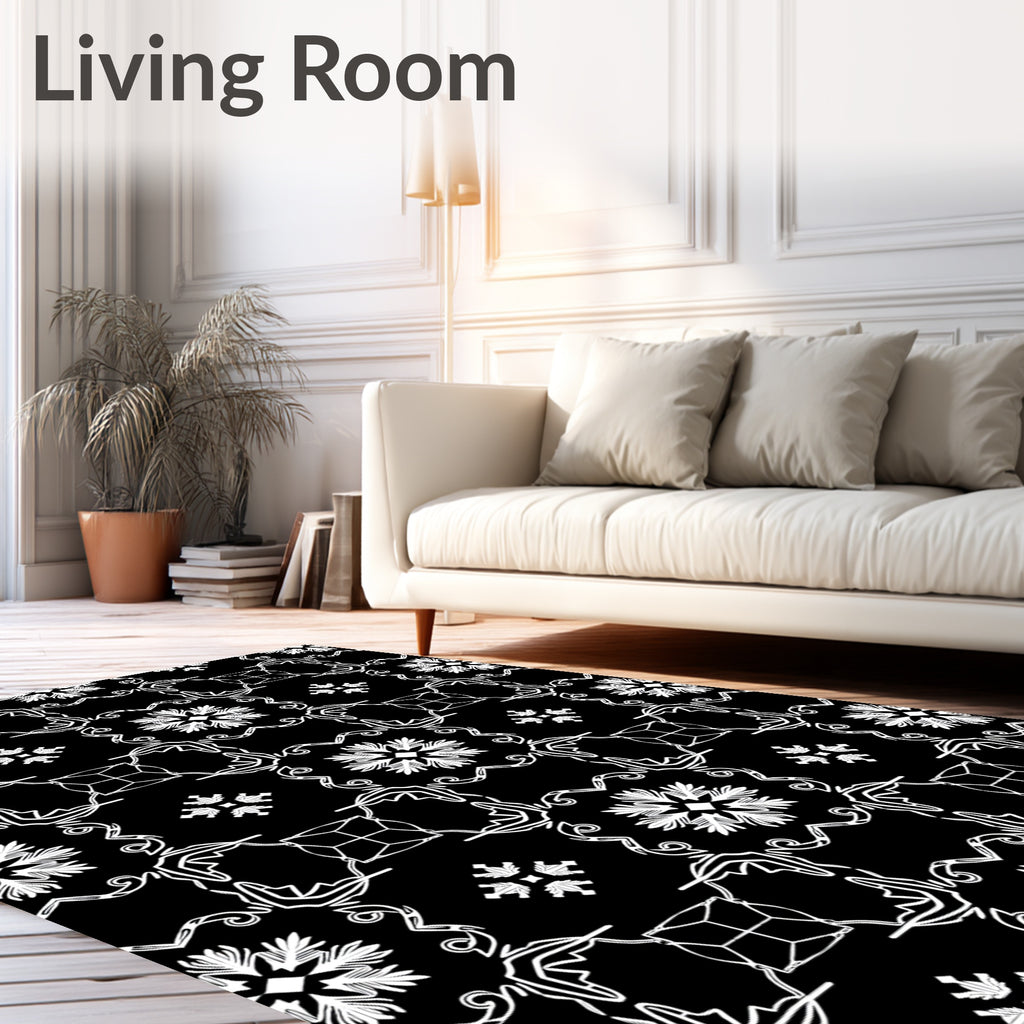 Black White Geometric Floral Medallion Rug