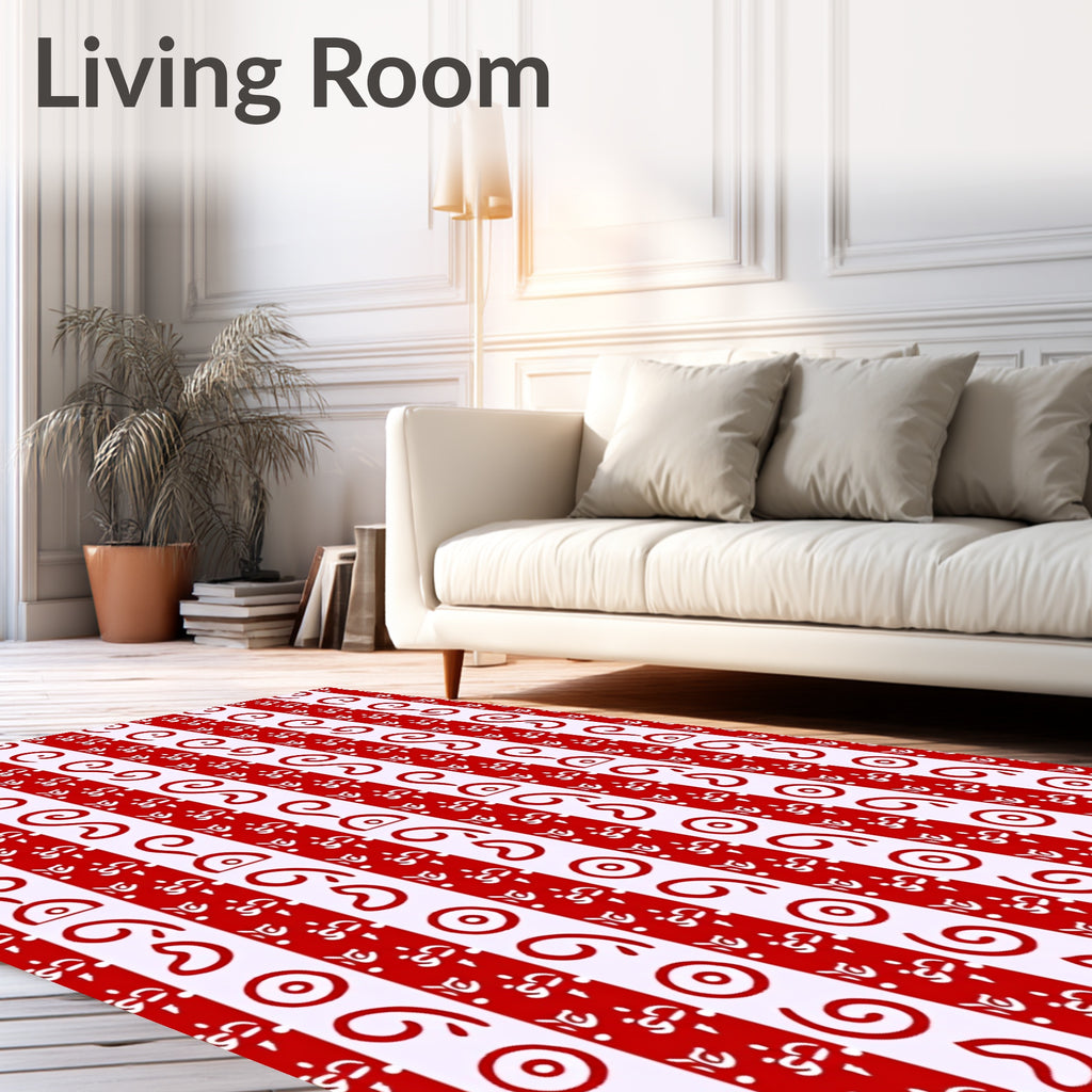 Red White Vertical Stripe Swirl Rug