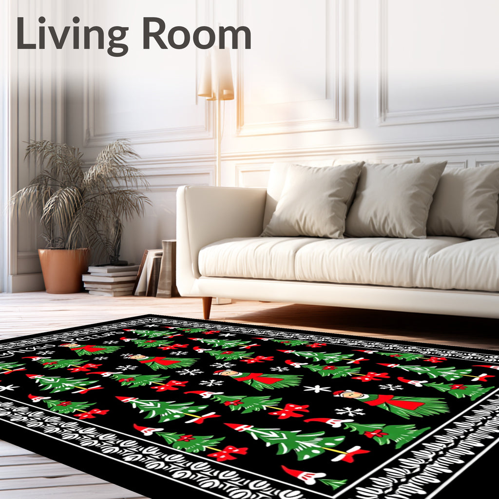 Whimsical Christmas Trees Red Bow Snowflake Rug