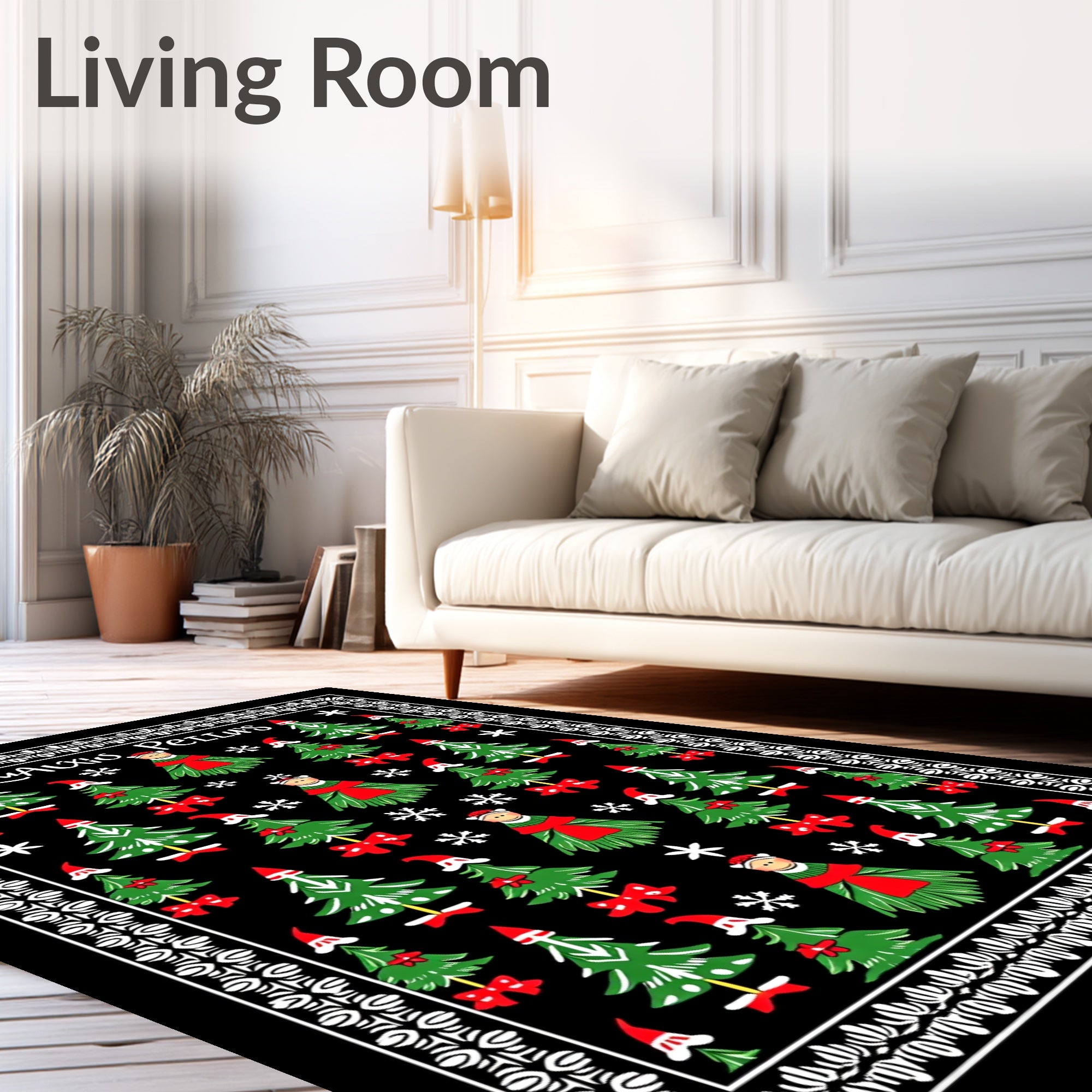 Whimsical Christmas Trees Red Bow Snowflake Rug