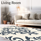Deep Blue Damask Cream Scroll Rug
