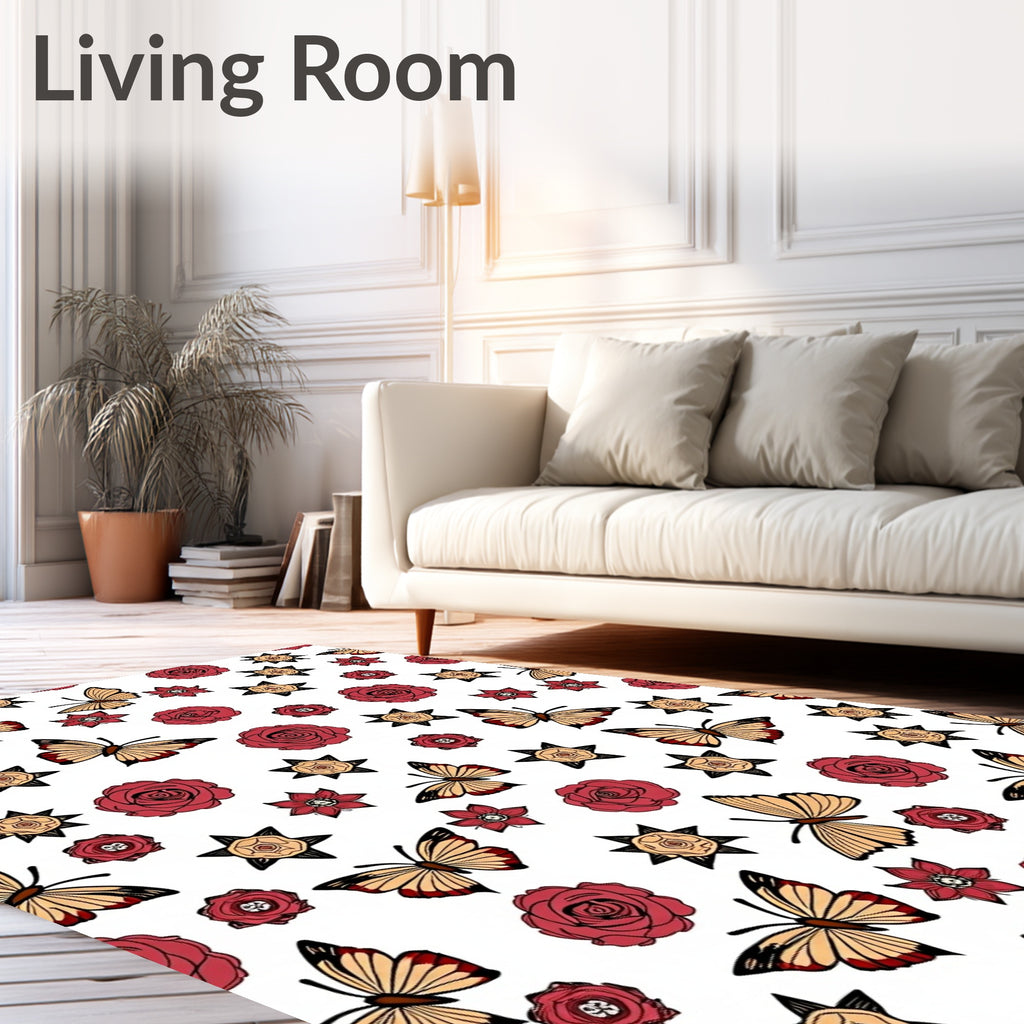 Burgundy Roses Golden Butterflies Scattered Rug