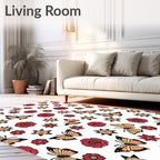 Burgundy Roses Golden Butterflies Scattered Rug