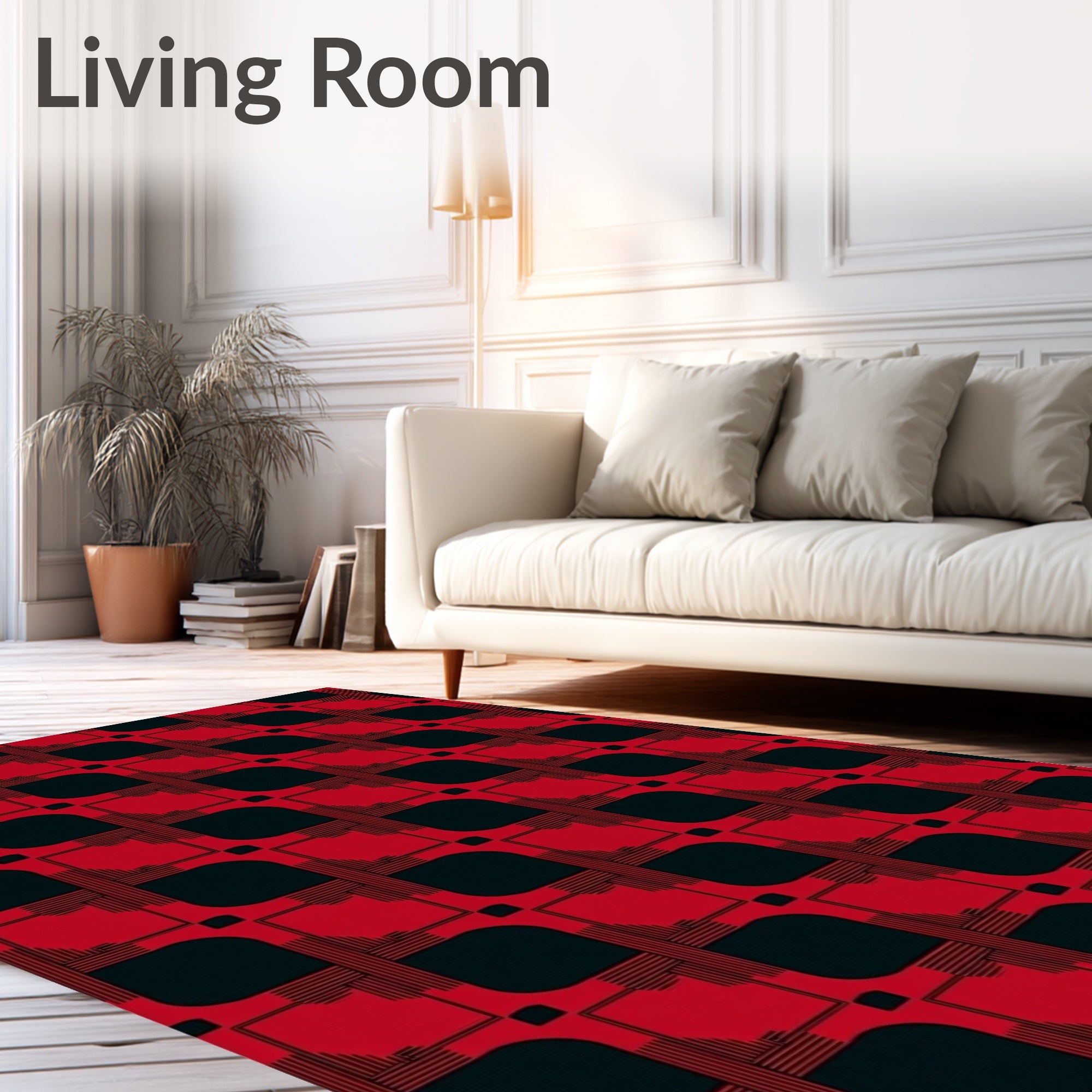 Bold Red Black Geometric Layered Rug