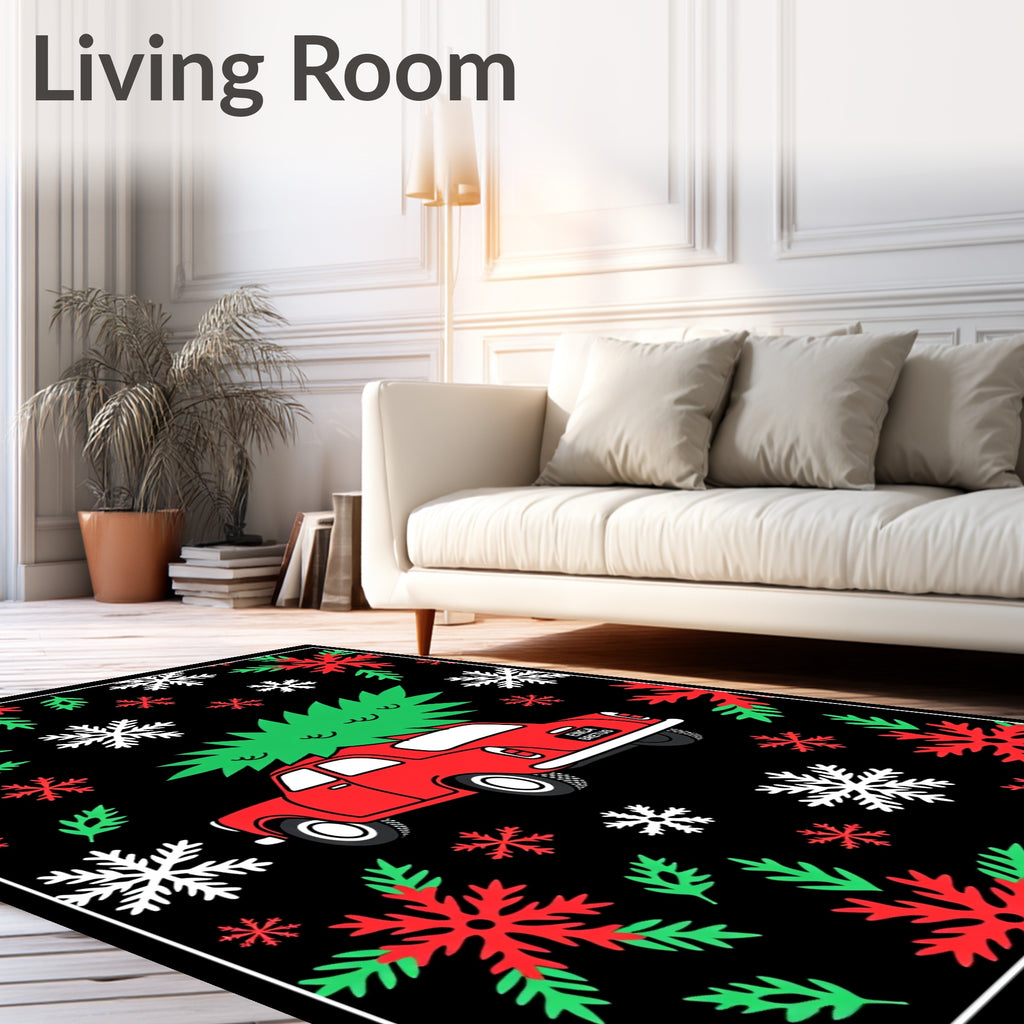 Red Car Snowflakes Christmas Tree Rug