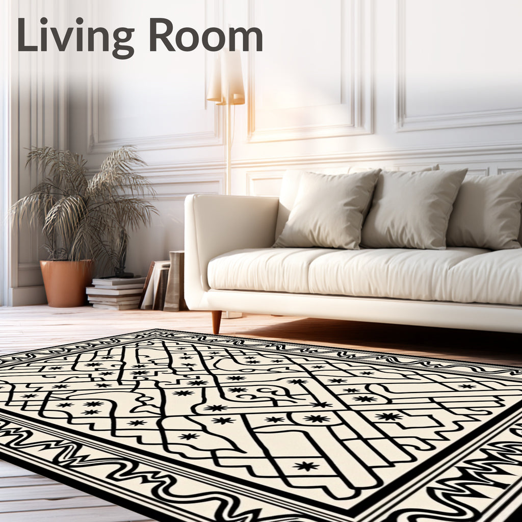 Black Geometric Border Star Motif Rug