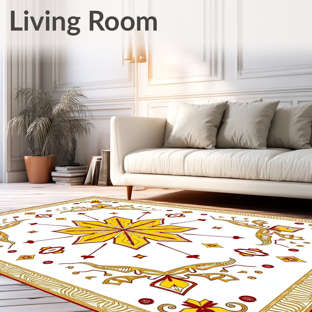Golden Yellow Red Starburst Medallion Rug