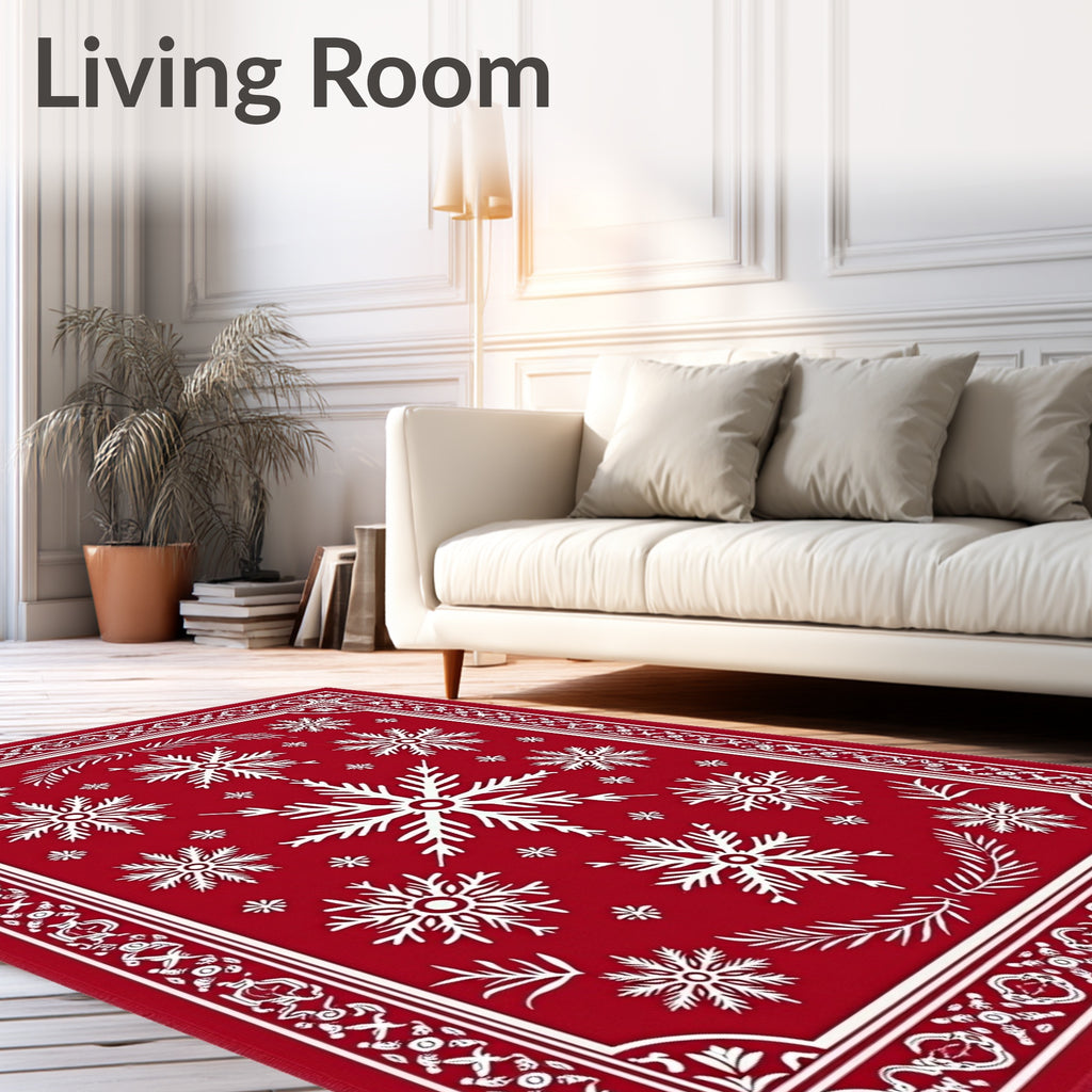 Crimson Snowflakes Ornate Border Rug