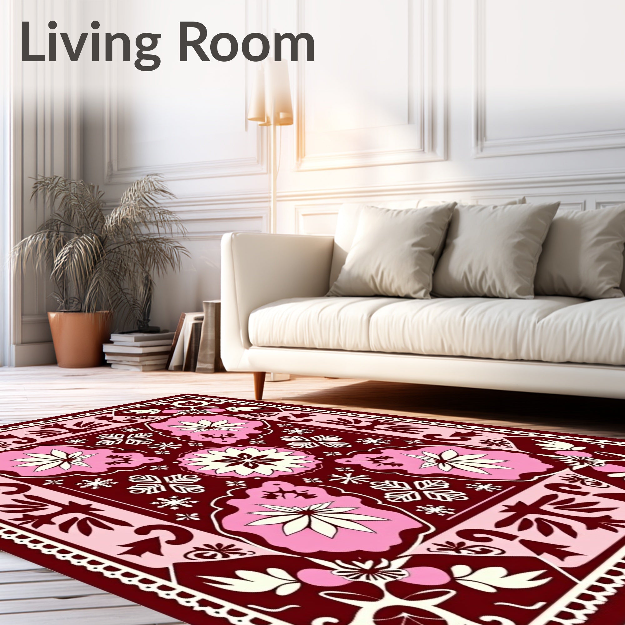 Crimson Pink Floral Folk Art Rug