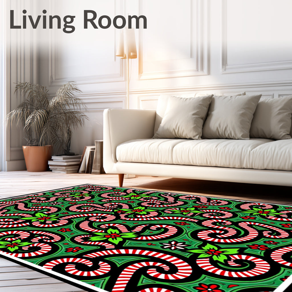 Whimsical Candy Cane Holly Swirl Rug