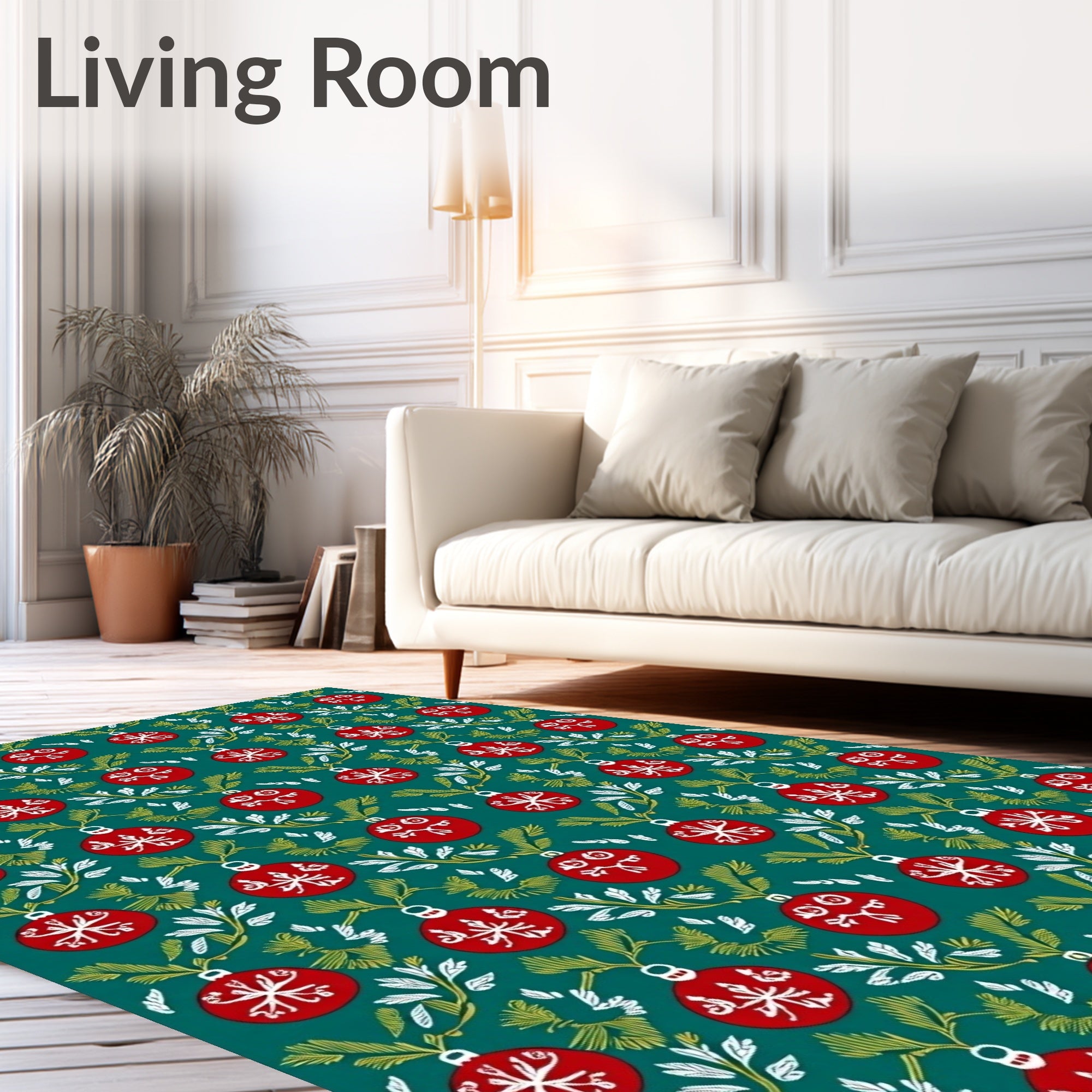 Red Ornate Christmas Orbs Greenery Rug