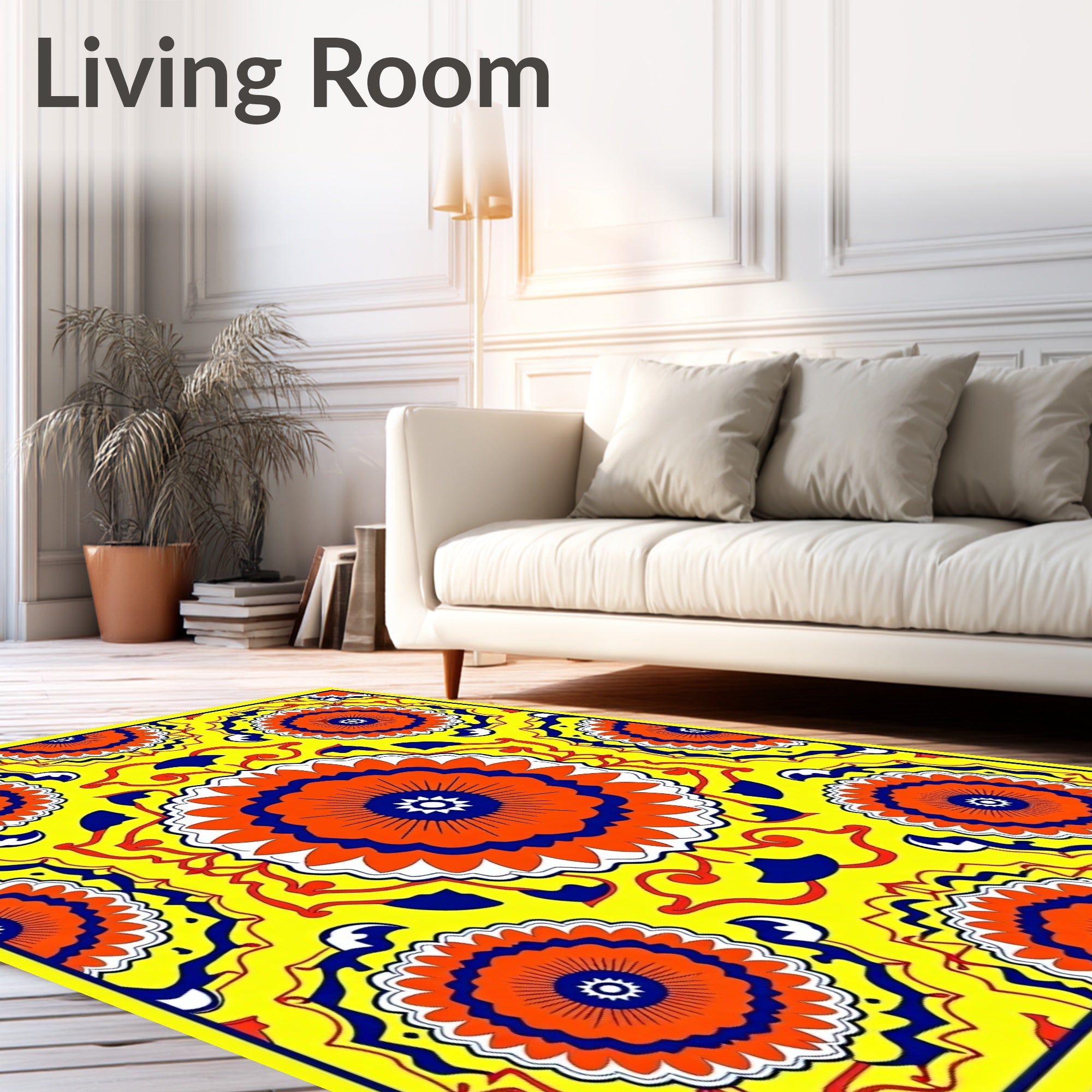 Vibrant Orange Blue Floral Mandala Rug