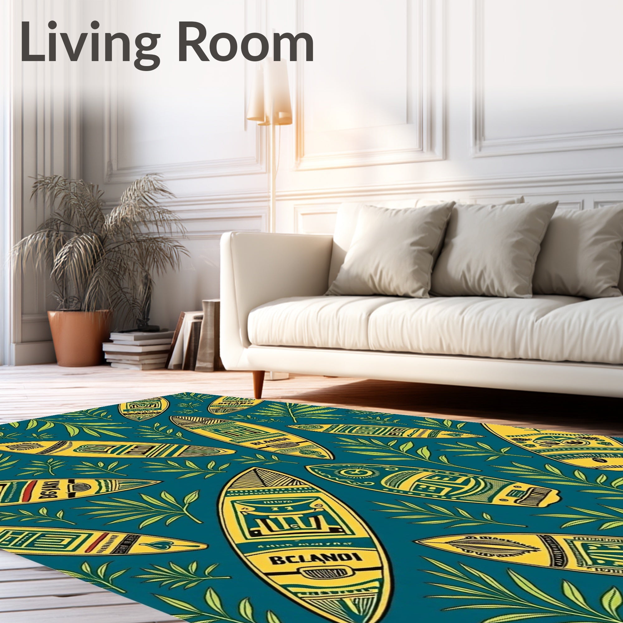 Yellow Tribal Surfboards Teal Tropical Foliage Rug