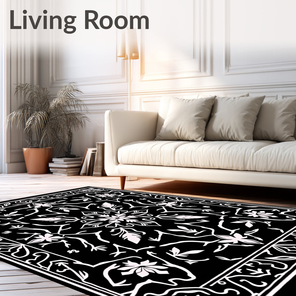 Classic Black White Floral Mandala Rug