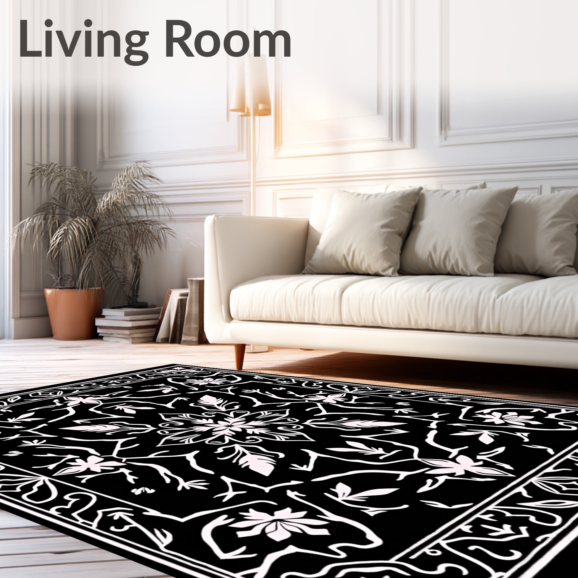 Classic Black White Floral Mandala Rug