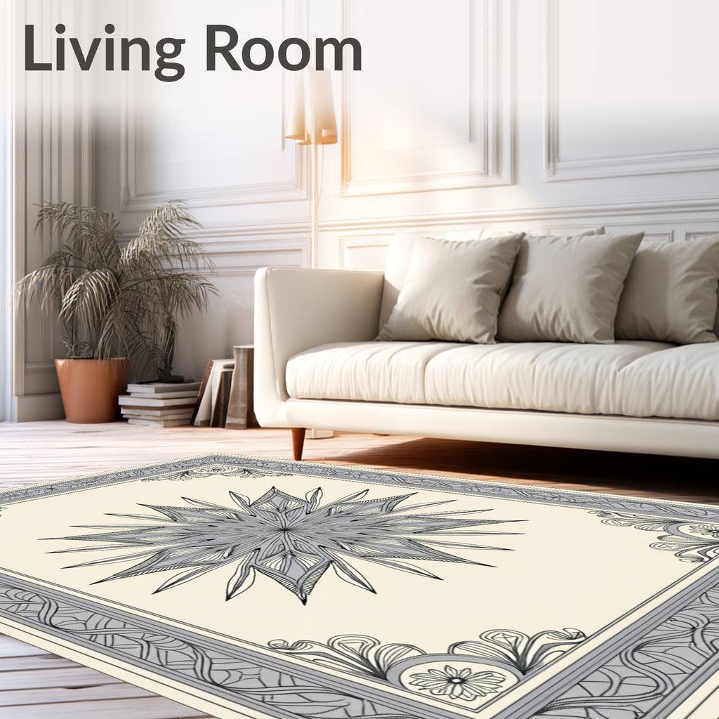 Elaborate Gray Starburst Filigree Frame Rug