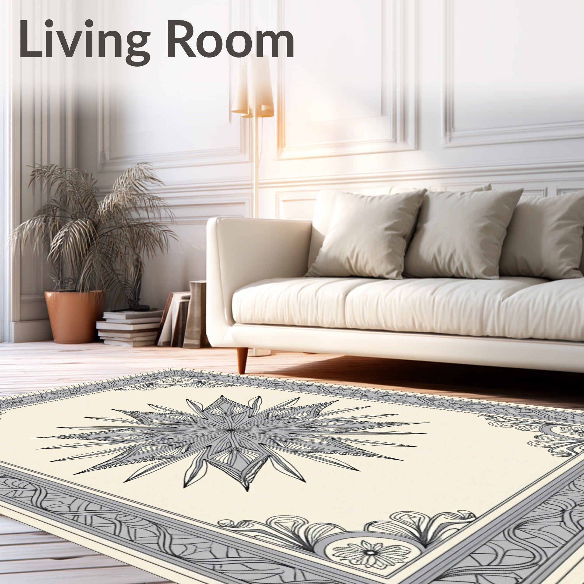 Elaborate Gray Starburst Filigree Frame Rug