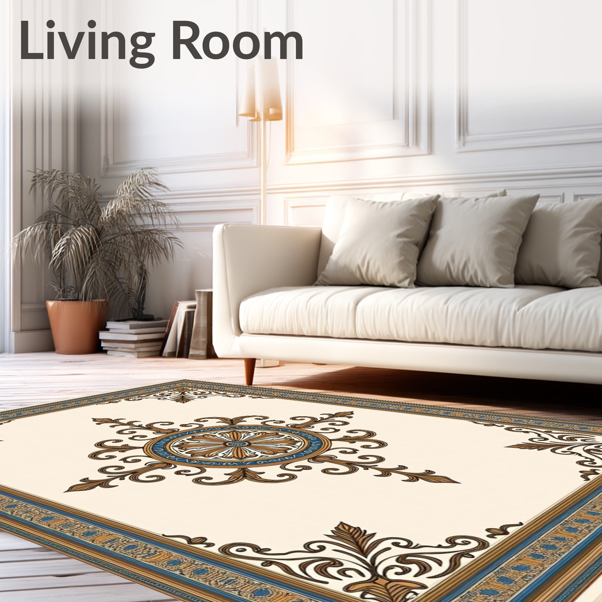 Ornate Gold Blue Floral Medallion Rug