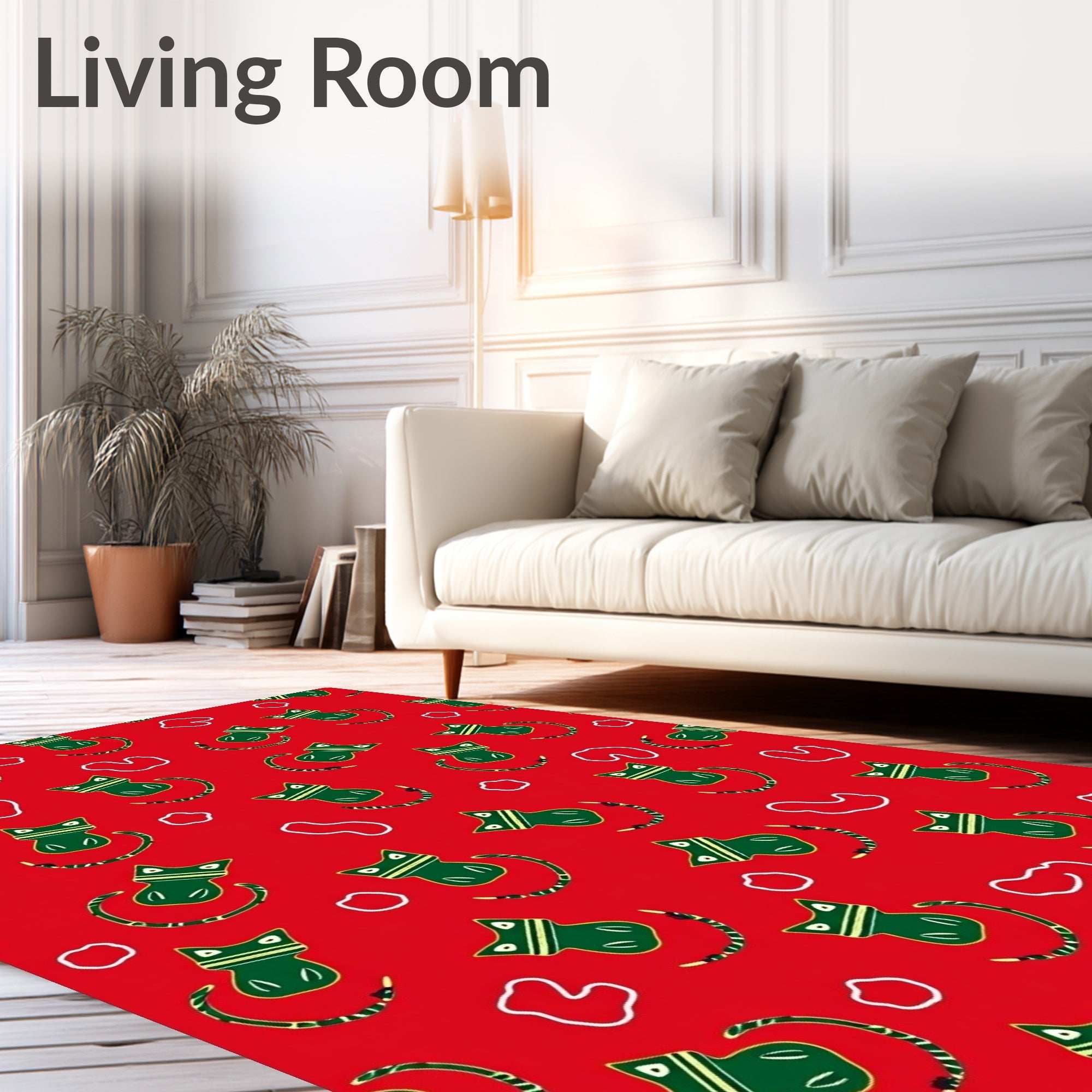 Crimson Green Whimsical Cat Snake Rug