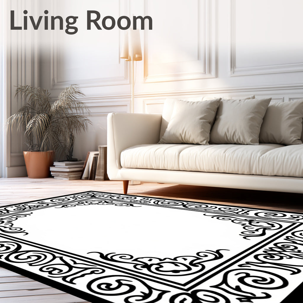 Black White Ornate Border Scrollwork Rug