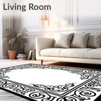 Black White Ornate Border Scrollwork Rug