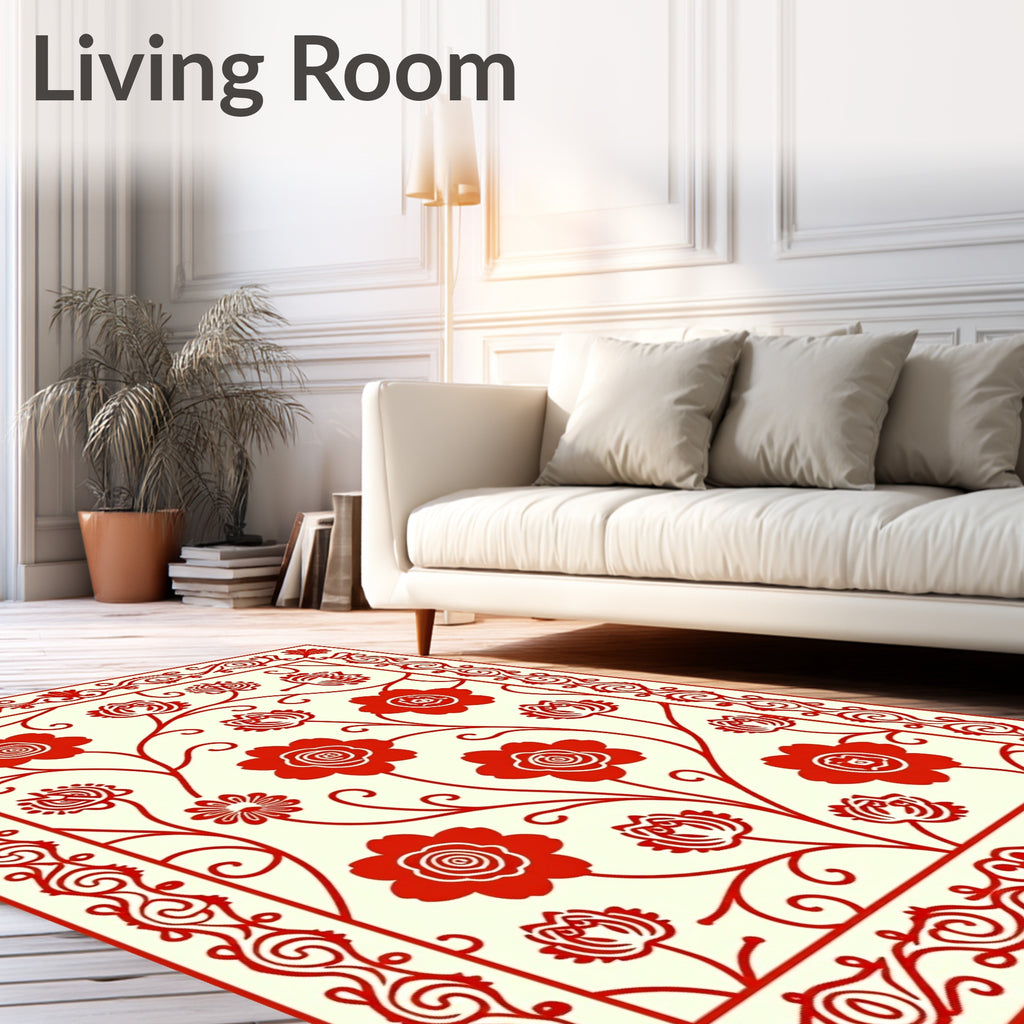 Scarlet Blossom Swirls Border Rug