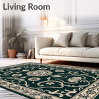 Elegant Cream Floral Vines Dark Green Rug