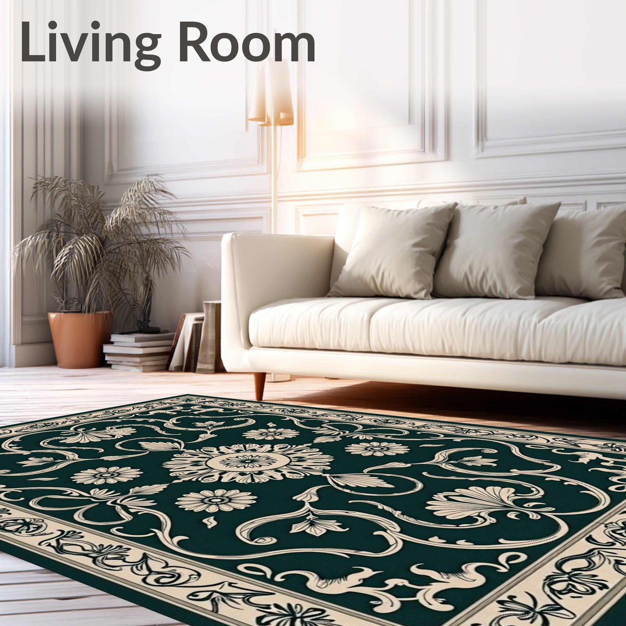 Elegant Cream Floral Vines Dark Green Rug